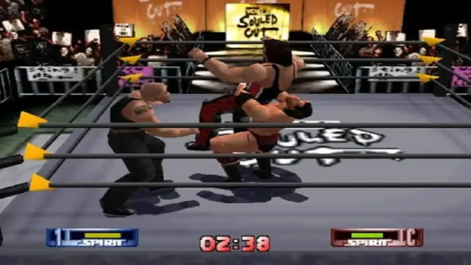 Cảnh gameplay của WCW/nWo Revenge trên Nintendo 64 thể hiện giao diện và các võ sĩ đang thực hiện đòn khóa