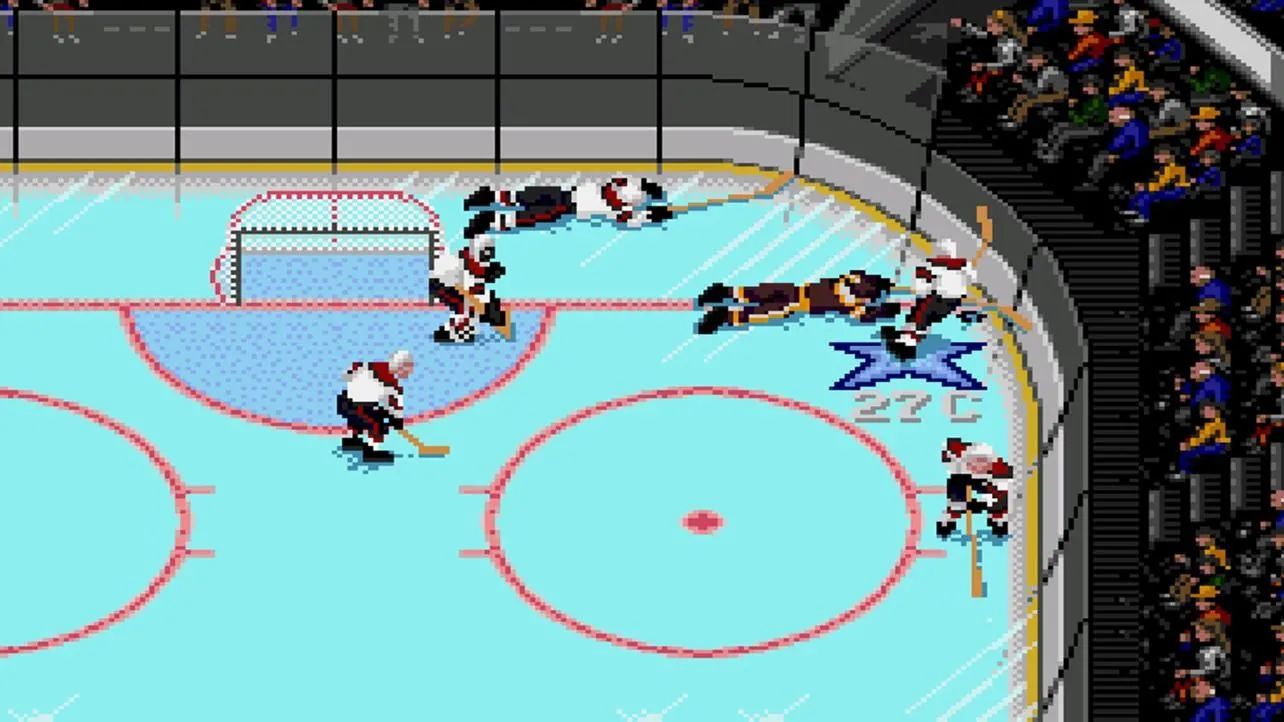 Cảnh gameplay đỉnh cao của NHL '94 trên Sega Genesis, với các cầu thủ khúc côn cầu đang tranh chấp bóng quyết liệt