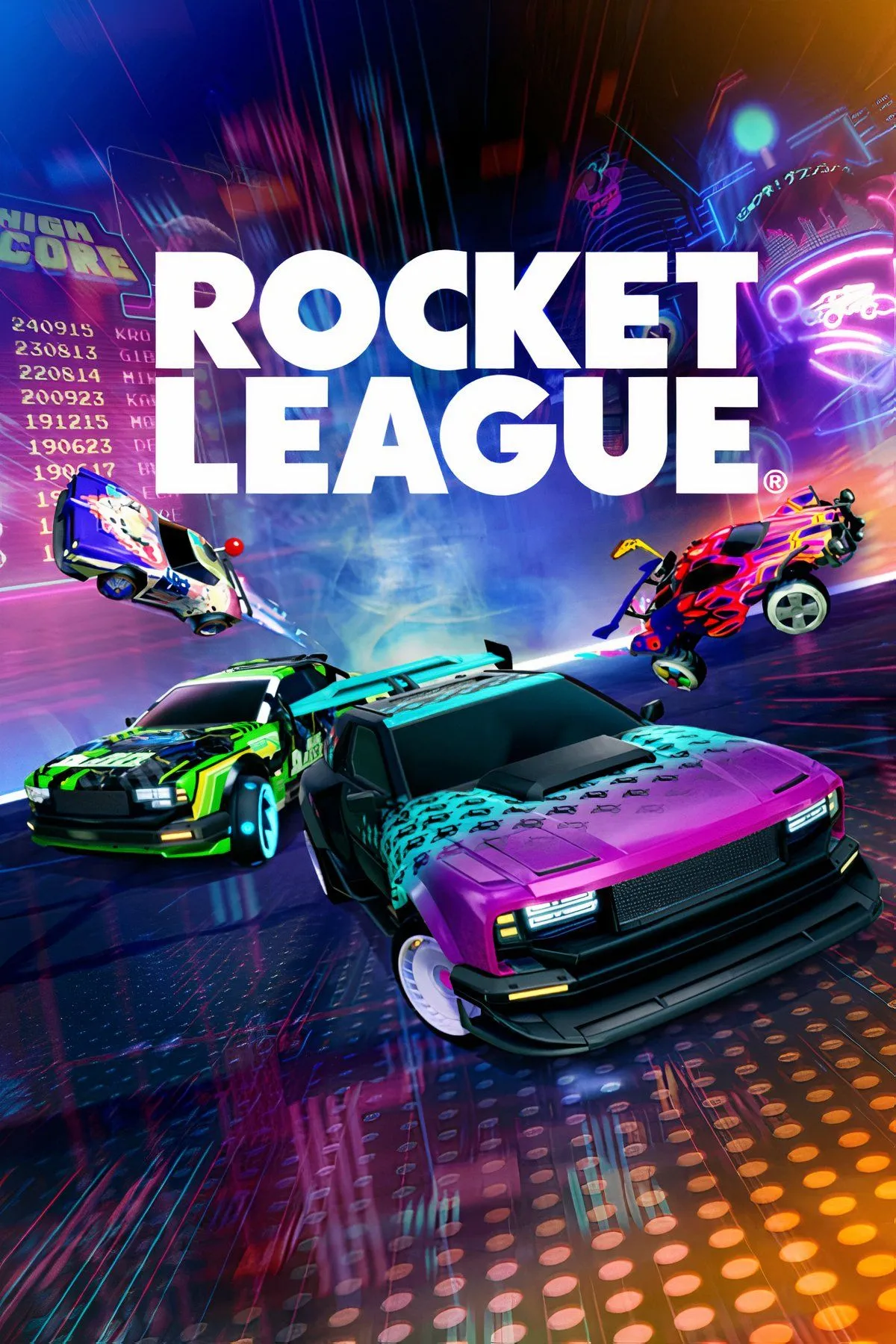 Cảnh gameplay Rocket League với hai chiếc xe va chạm vào quả bóng khổng lồ trên sân đấu