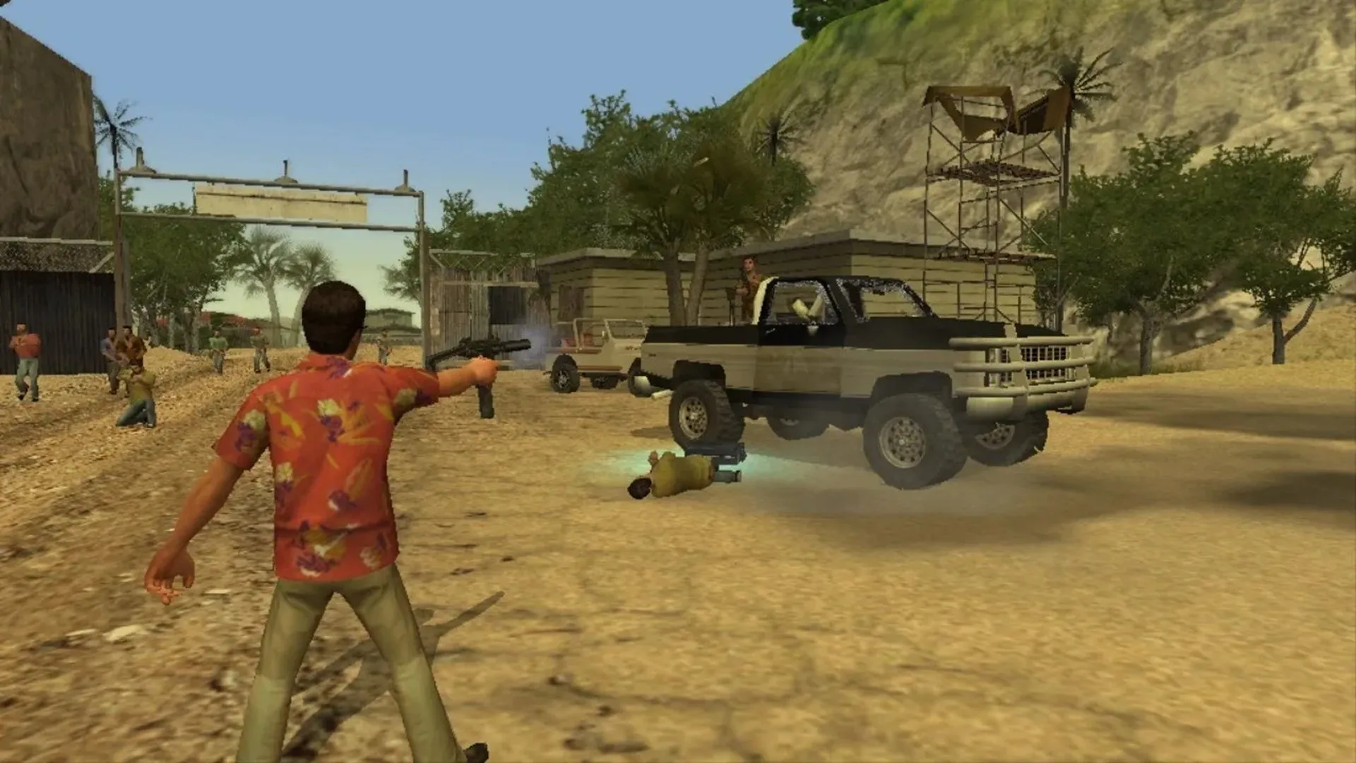 Cảnh gameplay từ Scarface: The World is Yours, cho thấy Tony Montana đang hành động trong môi trường thế giới mở Miami.