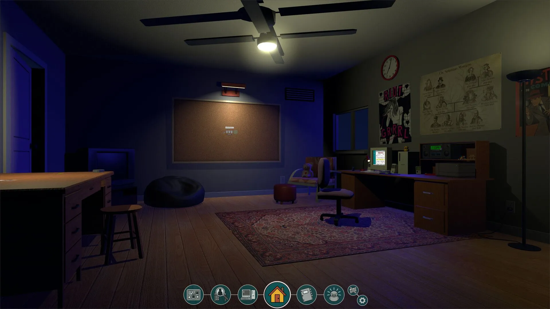 Cảnh làm việc trong văn phòng game The Roottrees Are Dead, hiển thị máy tính và tài liệu
