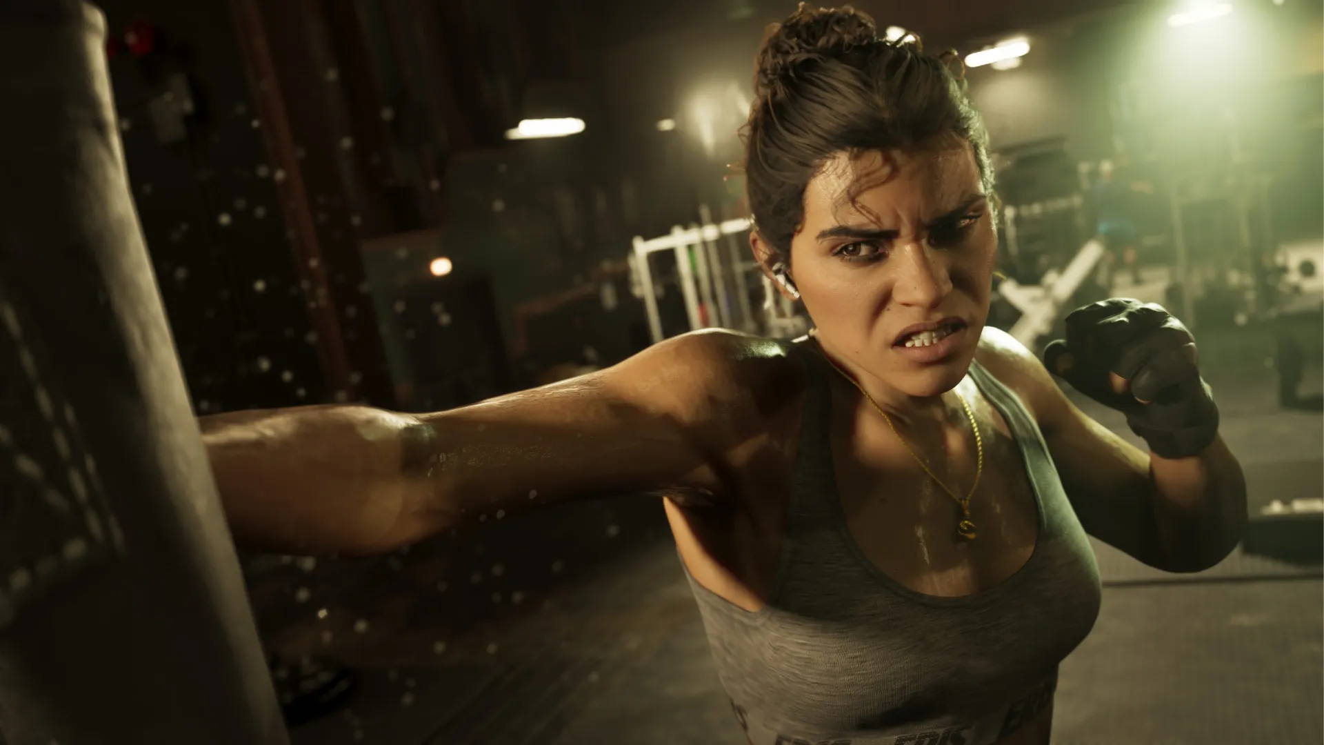 Cảnh Lucia tập đấm bốc trong phòng gym, thể hiện một trong các hoạt động phụ trong GTA 6