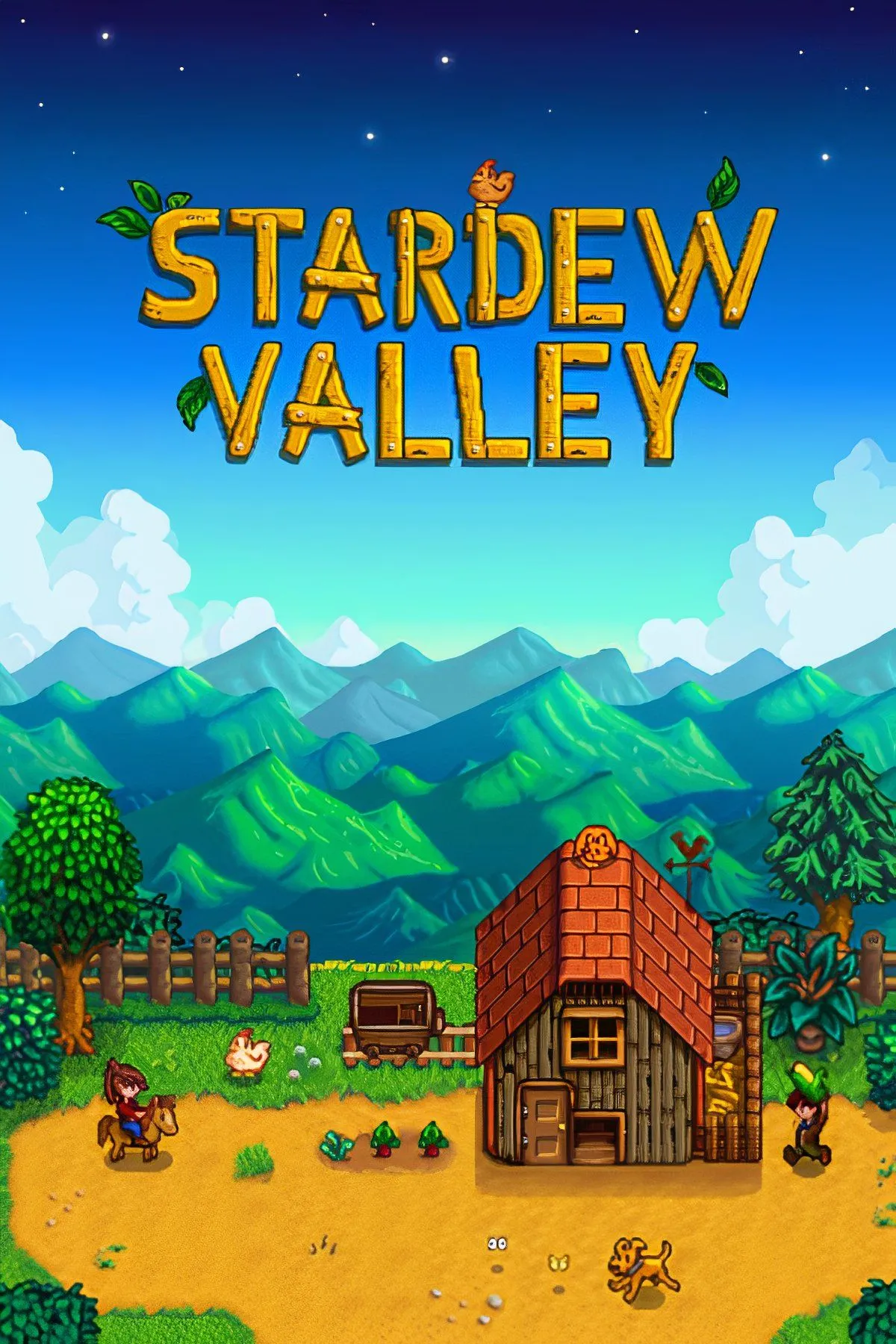 Cảnh nông trại và nhân vật chính trong Stardew Valley đang tưới cây, đồ họa pixel art thư giãn