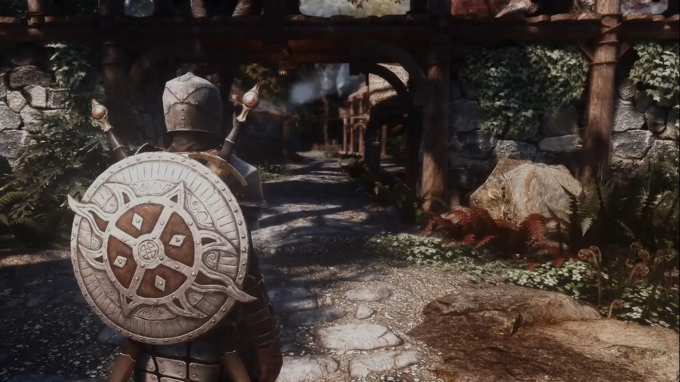 Cảnh quan hùng vĩ của thế giới Skyrim với hiệu ứng ReShade Nolvus, làm nổi bật đồ họa ấn tượng của game.