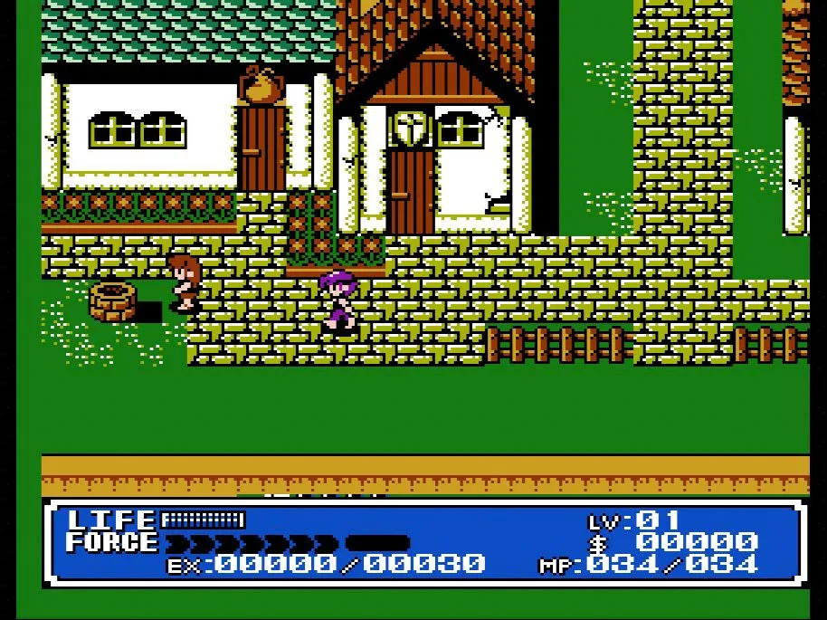 Cảnh quay màn hình game Crystalis trên NES, hiển thị nhân vật chính đang chiến đấu trong môi trường hoang tàn