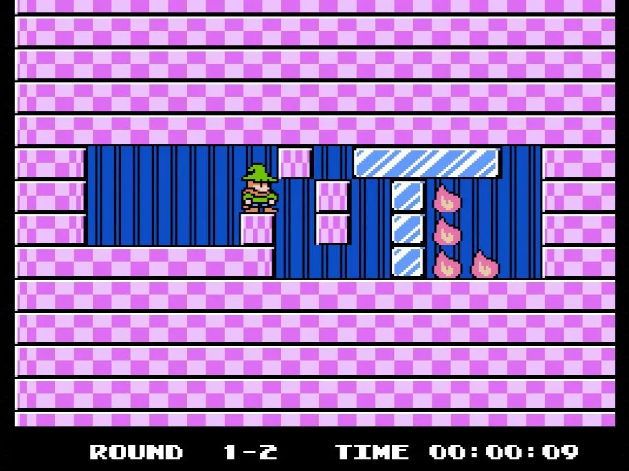Cảnh quay màn hình game Fire 'n Ice trên NES, hiển thị một màn giải đố với các khối băng và lửa