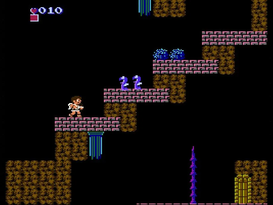 Cảnh quay màn hình game Kid Icarus trên hệ máy NES, hiển thị nhân vật Pit đang bay và chiến đấu
