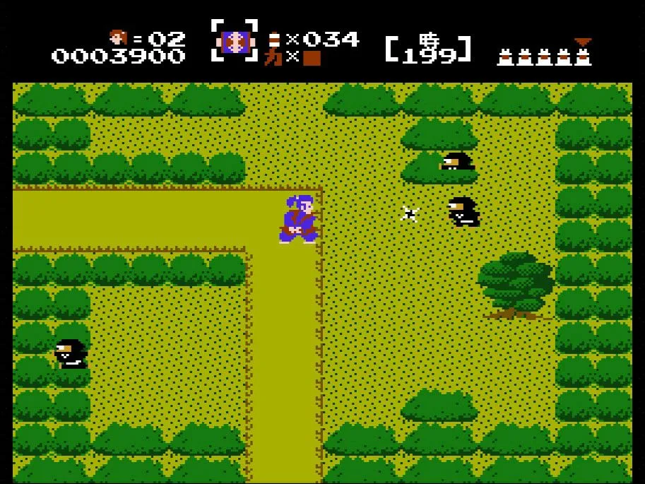 Cảnh quay màn hình game The Mysterious Murasame Castle trên NES, hiển thị nhân vật chính Takamaru đang chiến đấu