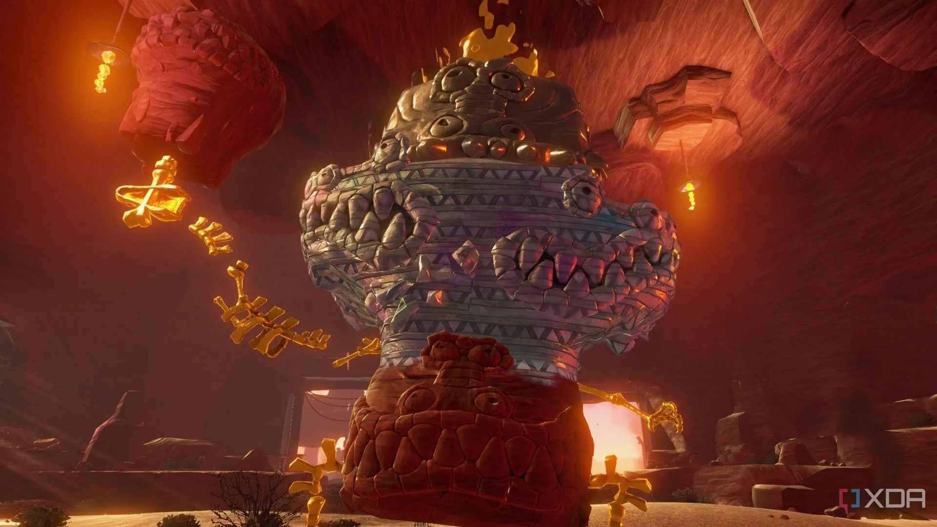Cảnh quay trận đấu trùm đầy kịch tính trong game Donkey Kong Bananza, thể hiện đồ họa sống động và môi trường dưới lòng đất.