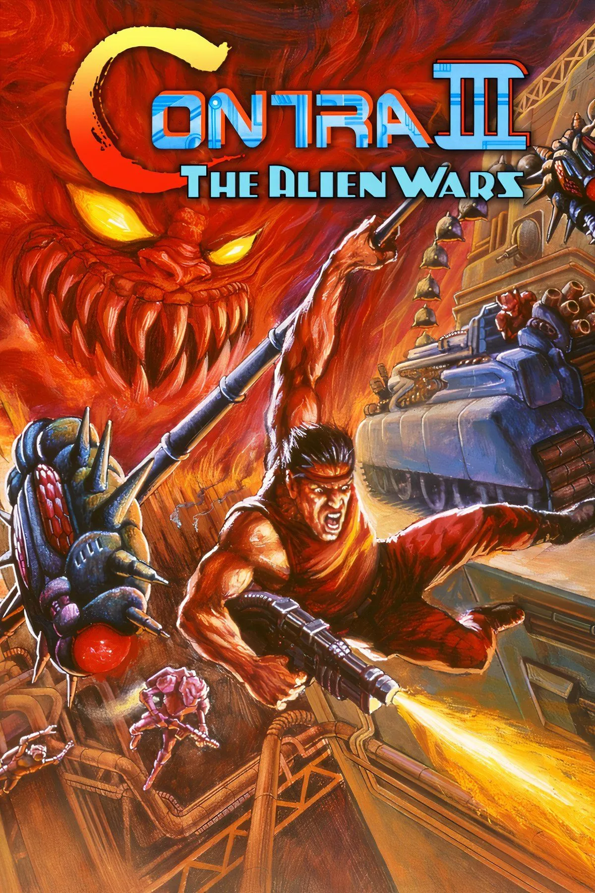 Cảnh tàu chiến Anti-Contra Battleship Dodriguez trong Contra III: The Alien Wars với tên lửa và hỏa lực dày đặc