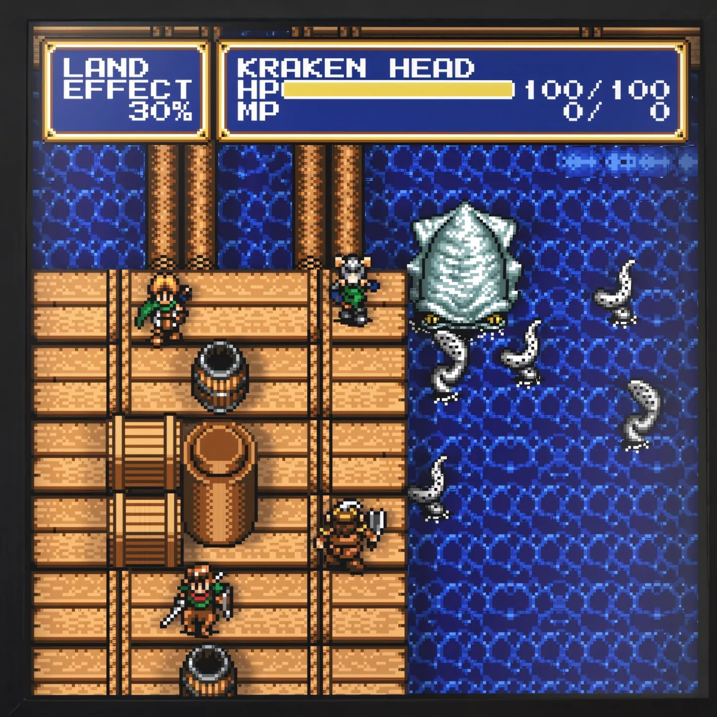 Cảnh trận chiến chiến thuật trong Shining Force 2, hiển thị đội hình các nhân vật đối đầu với một con Kraken