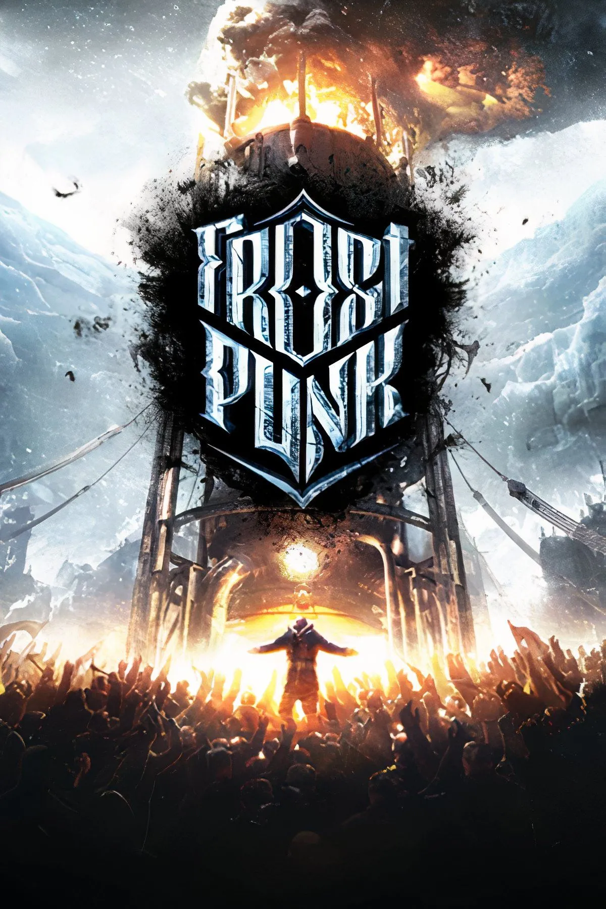 Cảnh trong game Frostpunk với một thành phố được xây dựng xung quanh lò hơi khổng lồ trong một thế giới băng giá