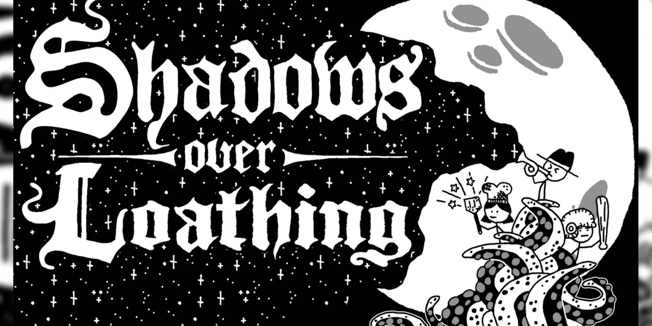 Cảnh trong game Shadows Over Loathing với nhân vật người que khám phá một thị trấn đen trắng, đầy yếu tố hài hước và kinh dị cổ quái