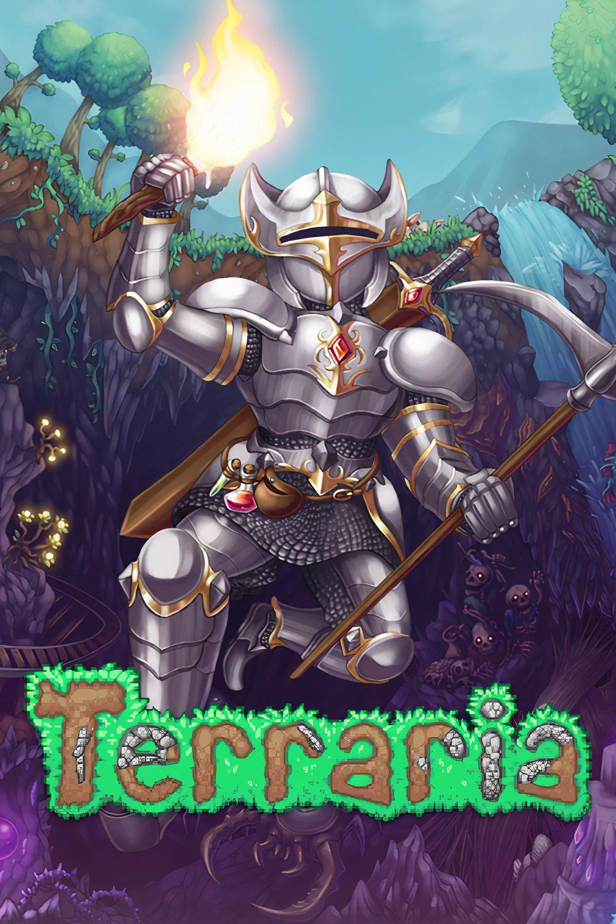Cảnh trong game Terraria với các nhân vật pixel đang khám phá thế giới 2D đầy màu sắc