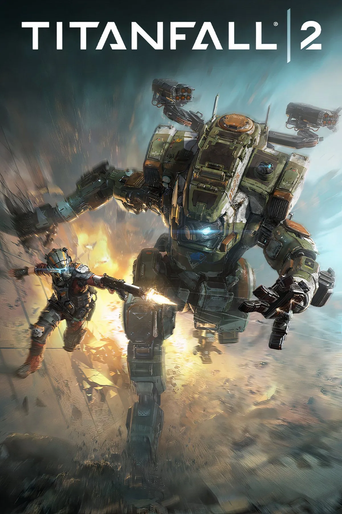 Cảnh trong game Titanfall 2 với một Titan khổng lồ và người lính đang chiến đấu