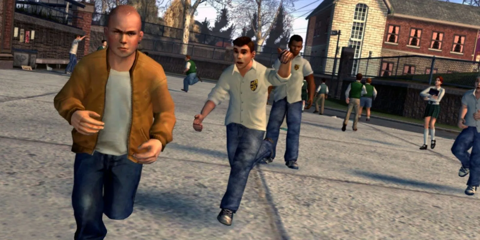 Cảnh từ game Bully, một nhóm học sinh đang chạy trên sân trường, gợi nhớ không khí học đường độc đáo của tựa game Bully và tiềm năng cho Bully 2