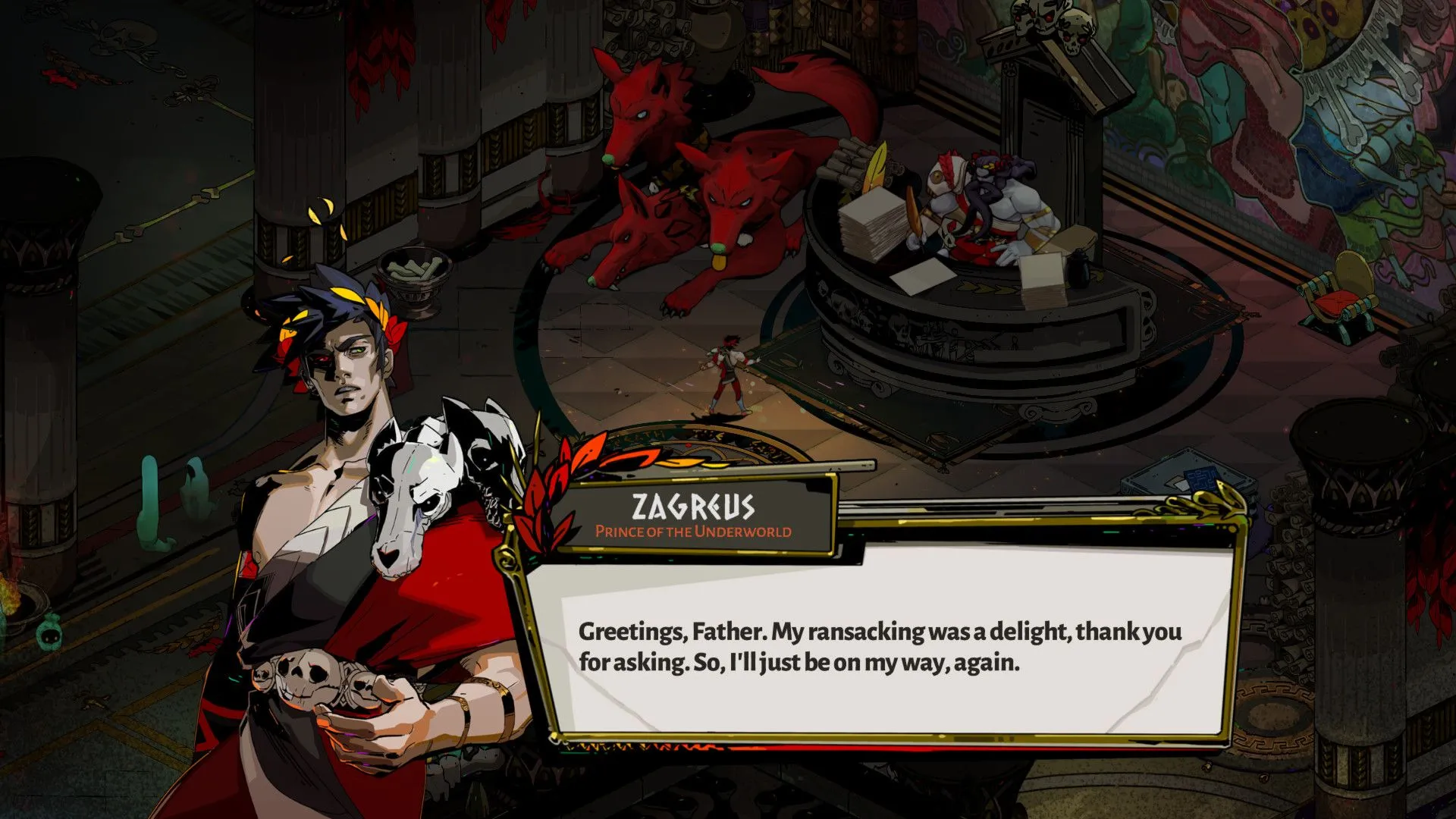 Cảnh Zagreus đối thoại với Thanatos trong Hades, thể hiện yếu tố cốt truyện và mối quan hệ giữa các nhân vật.