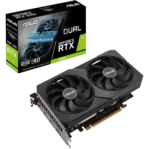 Card đồ họa Asus Dual GeForce RTX 4060 V2 OC và hộp sản phẩm, đại diện cho phần cứng PC gaming bị ảnh hưởng bởi giá cả leo thang và tình trạng thiếu hụt chip trong thập niên 2020.
