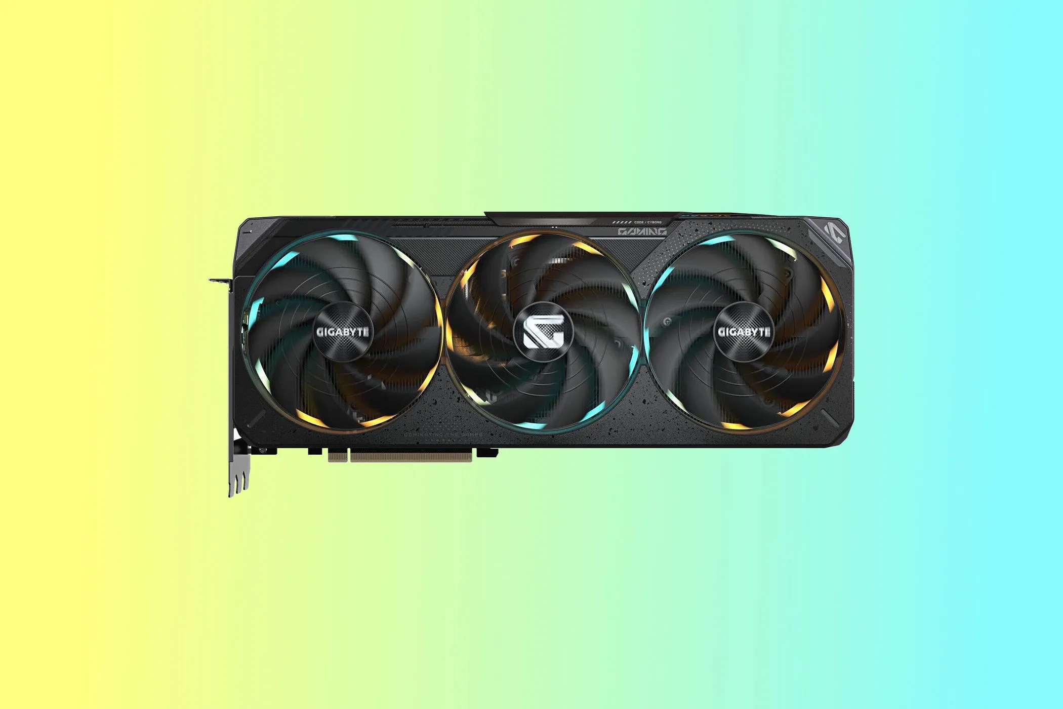 Card đồ họa Gigabyte Gaming GeForce RTX 5080 OC với ba quạt lớn và đèn LED
