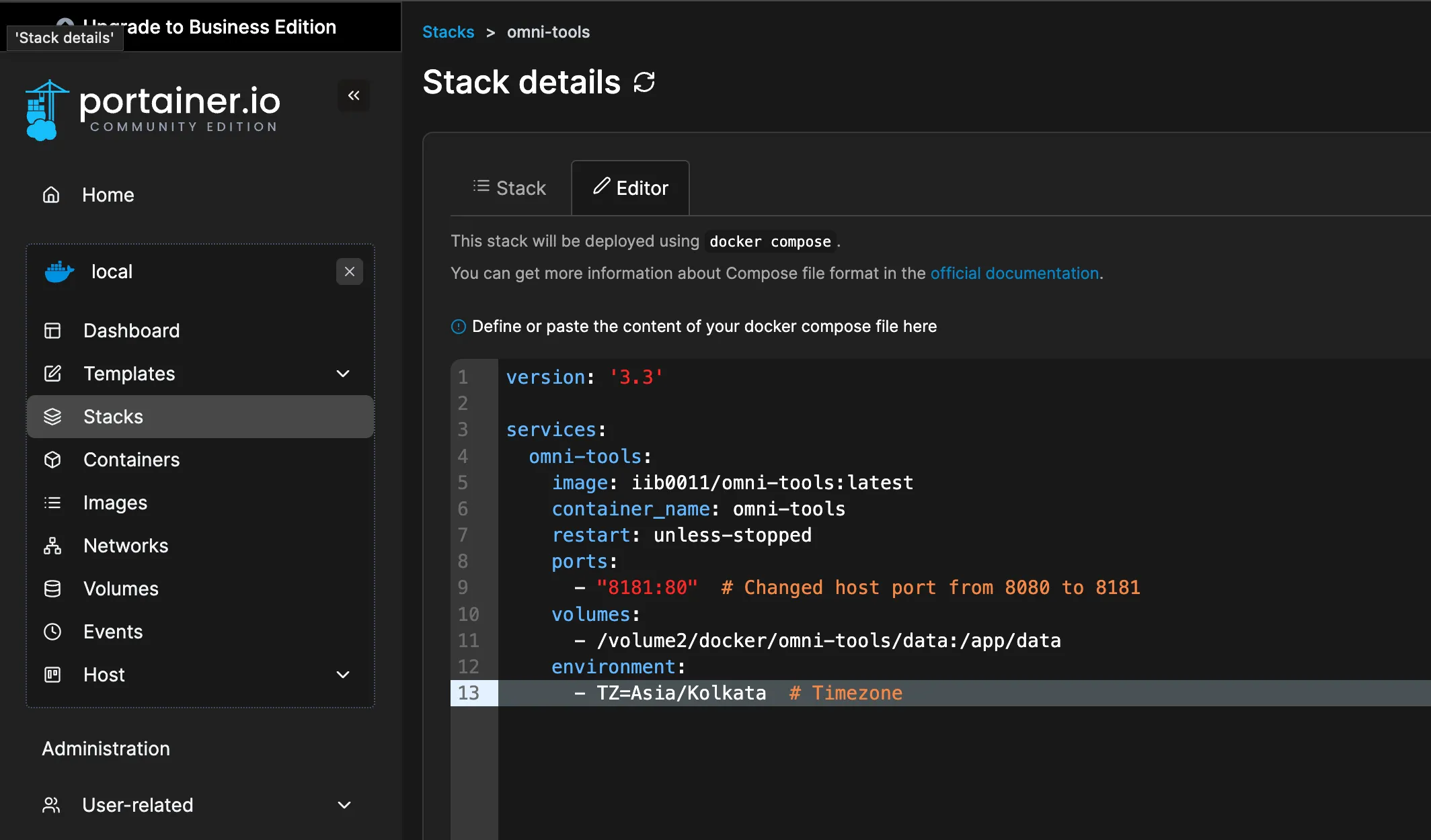 Cấu hình Docker Stack của OmniTools trên Portainer để triển khai ứng dụng tự host