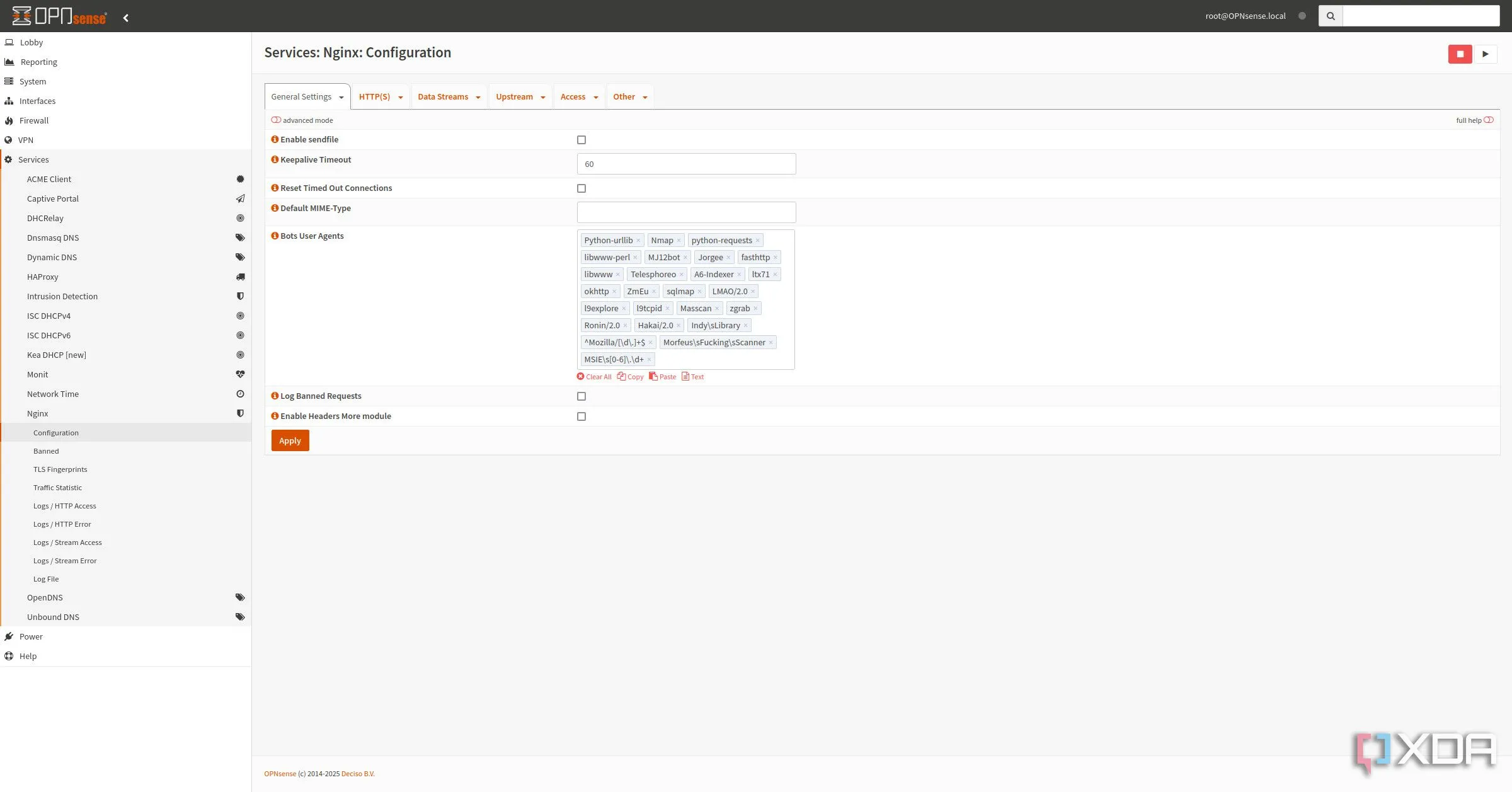 Cấu hình Nginx trên OPNsense, thể hiện khả năng điều chỉnh linh hoạt các tính năng.