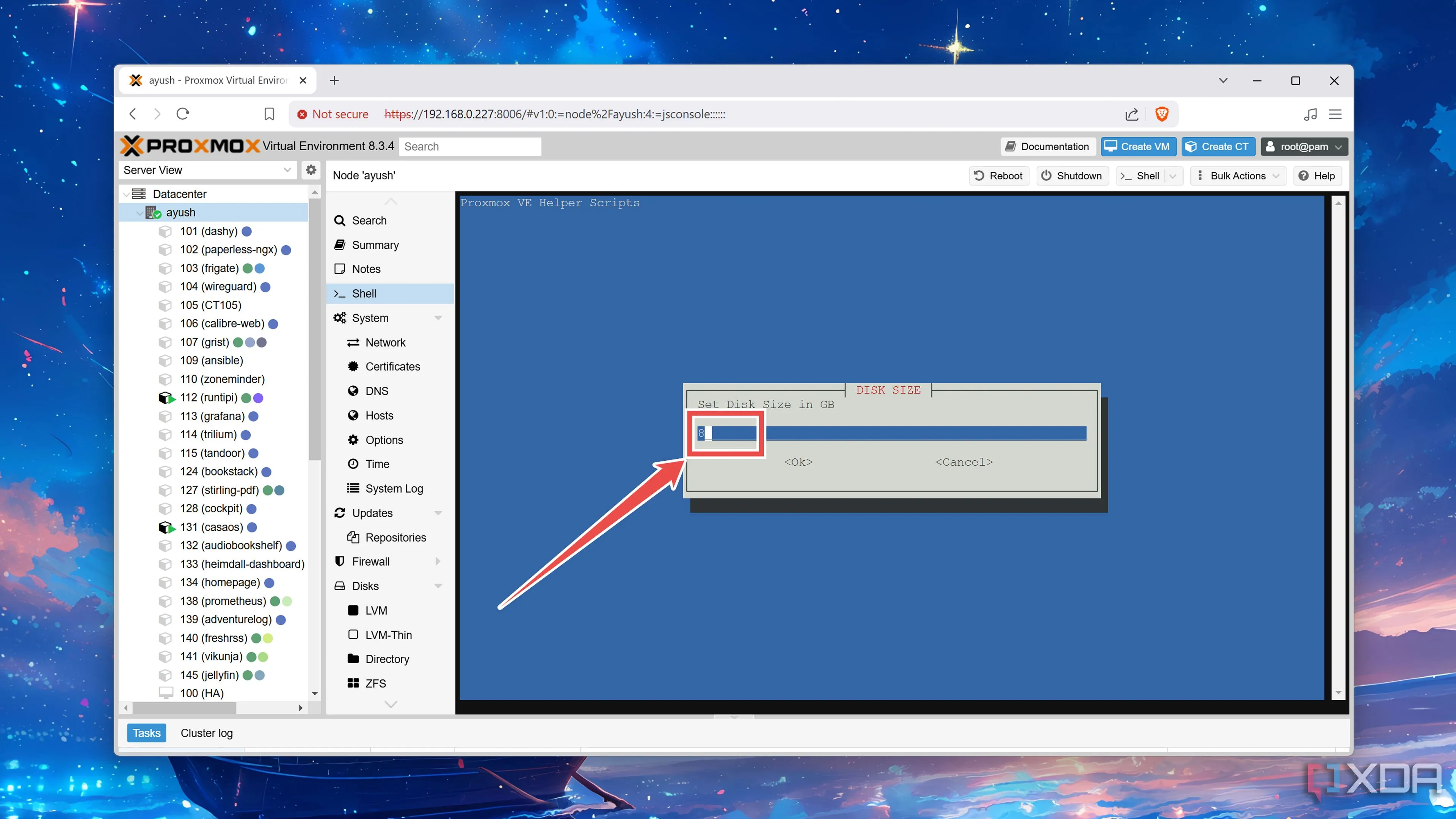 Cấu hình tài nguyên lưu trữ, CPU và bộ nhớ cho máy chủ Jellyfin LXC trên Proxmox