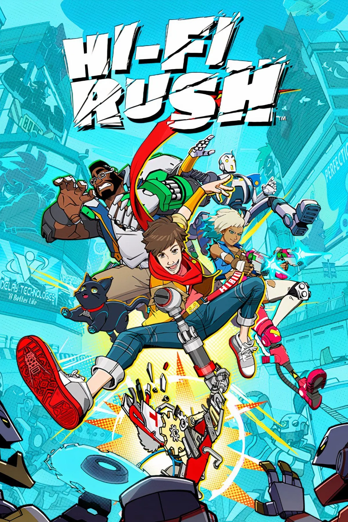 Chai, nhân vật chính của Hi-Fi Rush, với cây đàn guitar và robot trợ giúp trong game hành động nhịp điệu