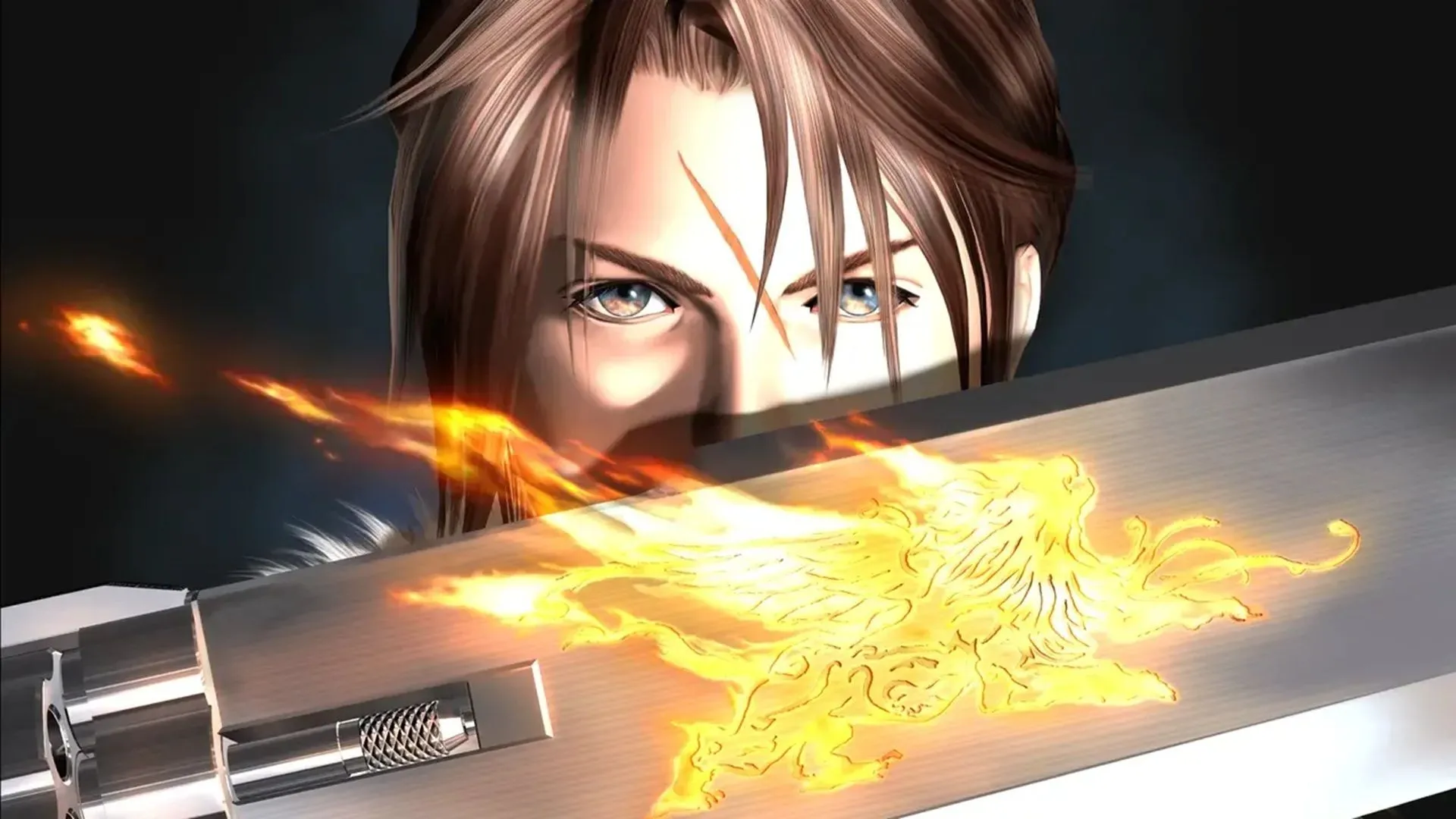 Chân dung nhân vật Squall Leonhart từ Final Fantasy VIII, nổi bật với khẩu gunblade đặc trưng và biểu cảm lạnh lùng