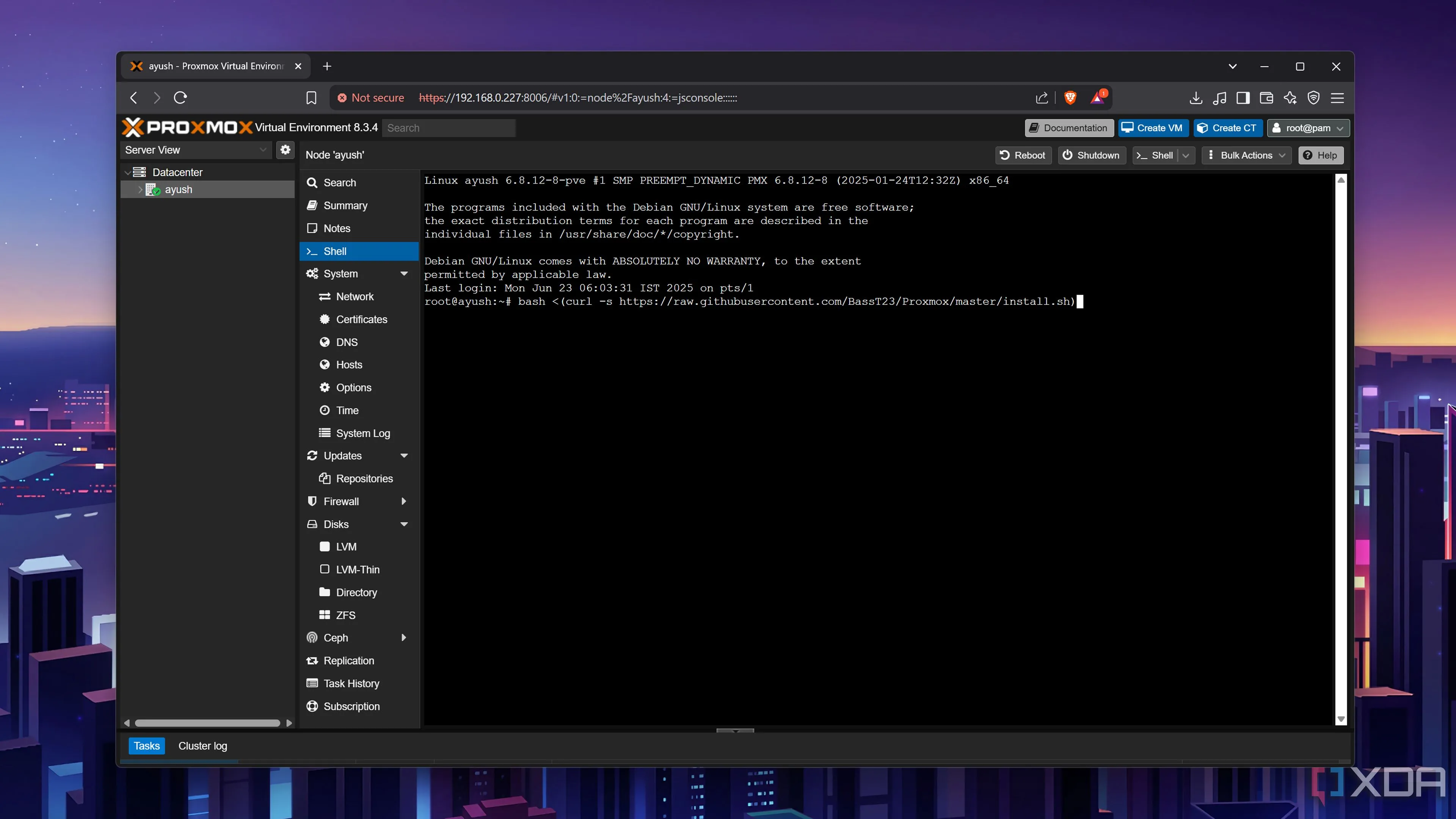 Chạy lệnh cài đặt Ultimate Updater script trên Proxmox qua Shell