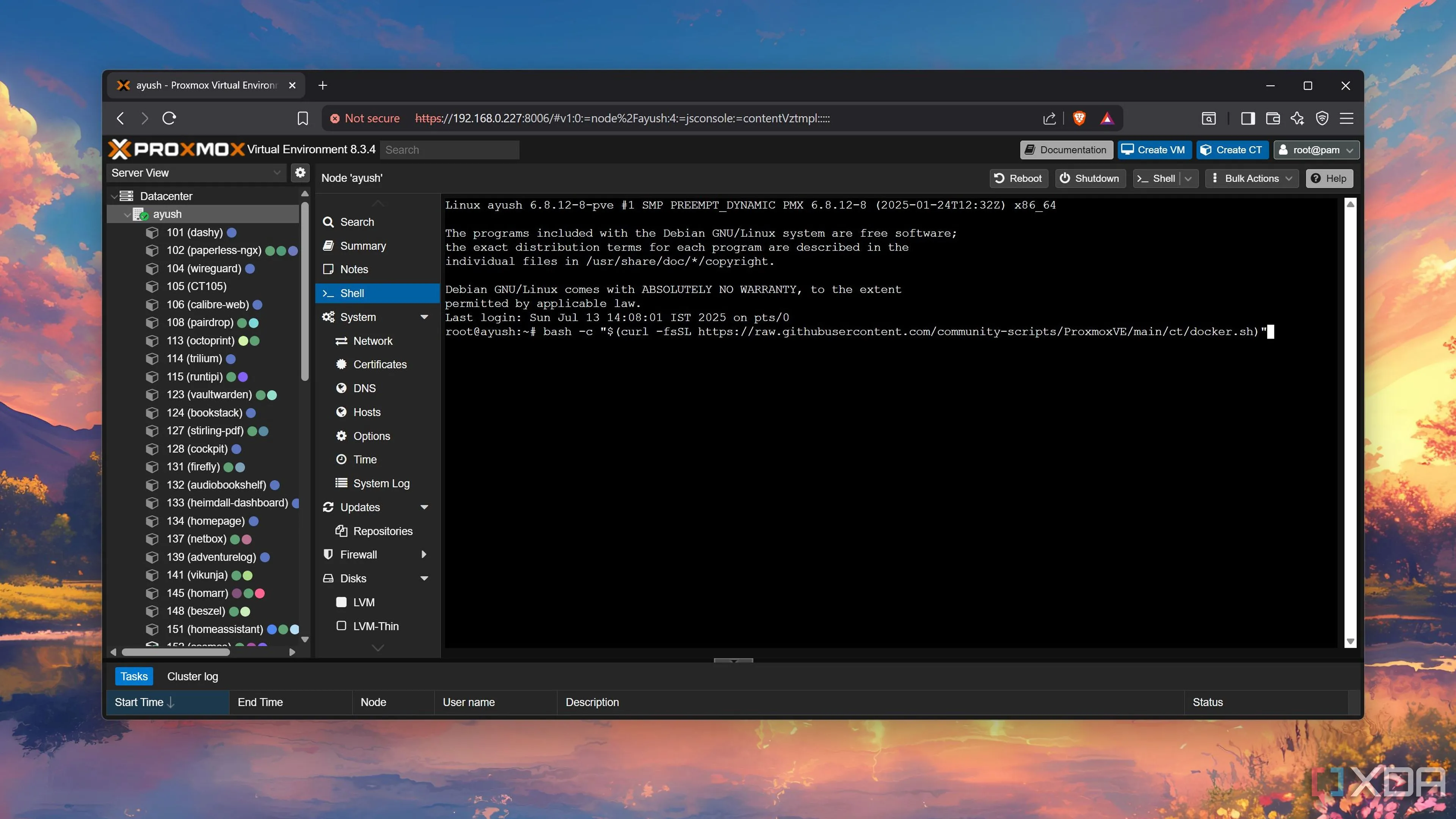 Chạy script cài đặt Docker LXC trên Proxmox để triển khai các bản phân phối Linux