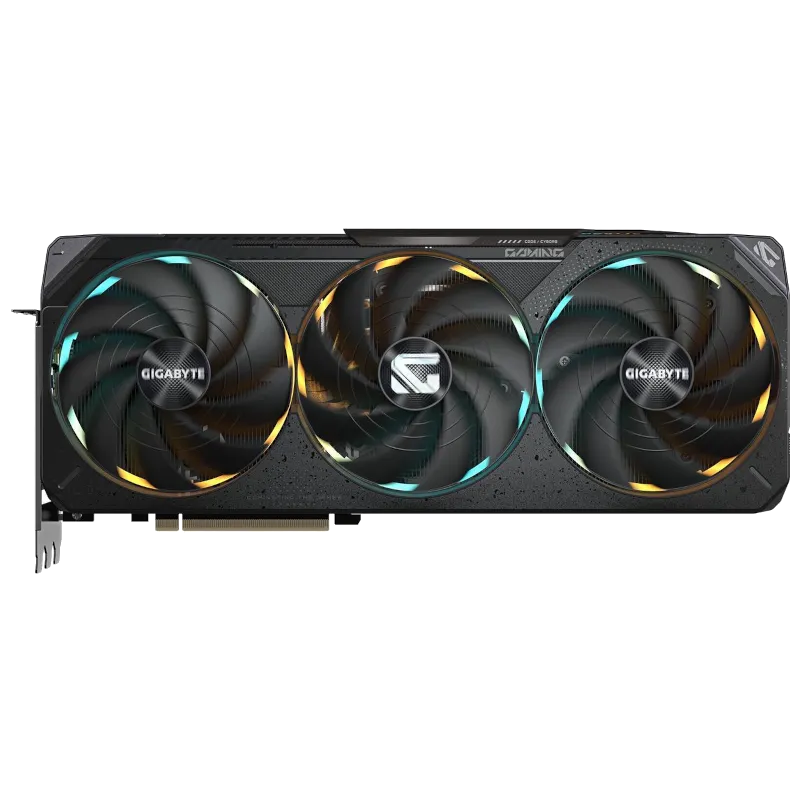 Chi tiết mặt trước Gigabyte Gaming GeForce RTX 5080 OC với các quạt tản nhiệt