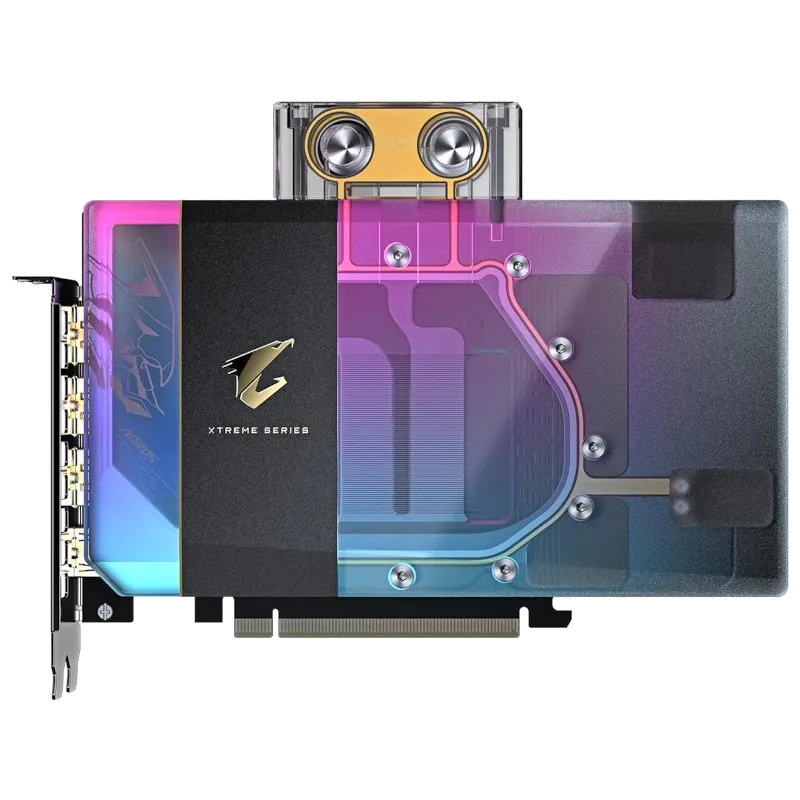 Chi tiết water block và cổng kết nối trên Gigabyte AORUS RTX 5080 XTREME WATERFORCE WB
