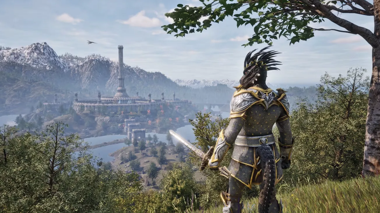 Chiến binh Argonian đứng nhìn ra thành phố có tháp cao, bối cảnh trong The Elder Scrolls Oblivion Remastered.