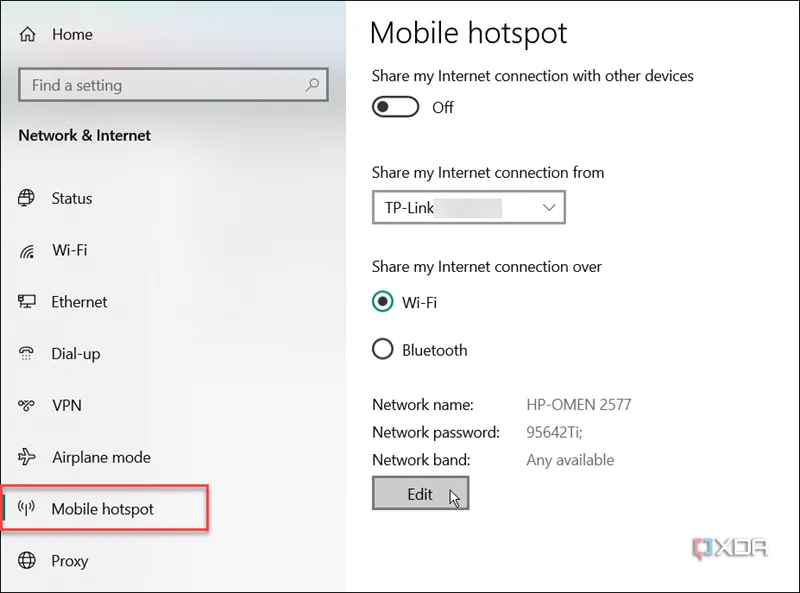 Chỉnh sửa điểm phát sóng di động trong cài đặt Windows 10