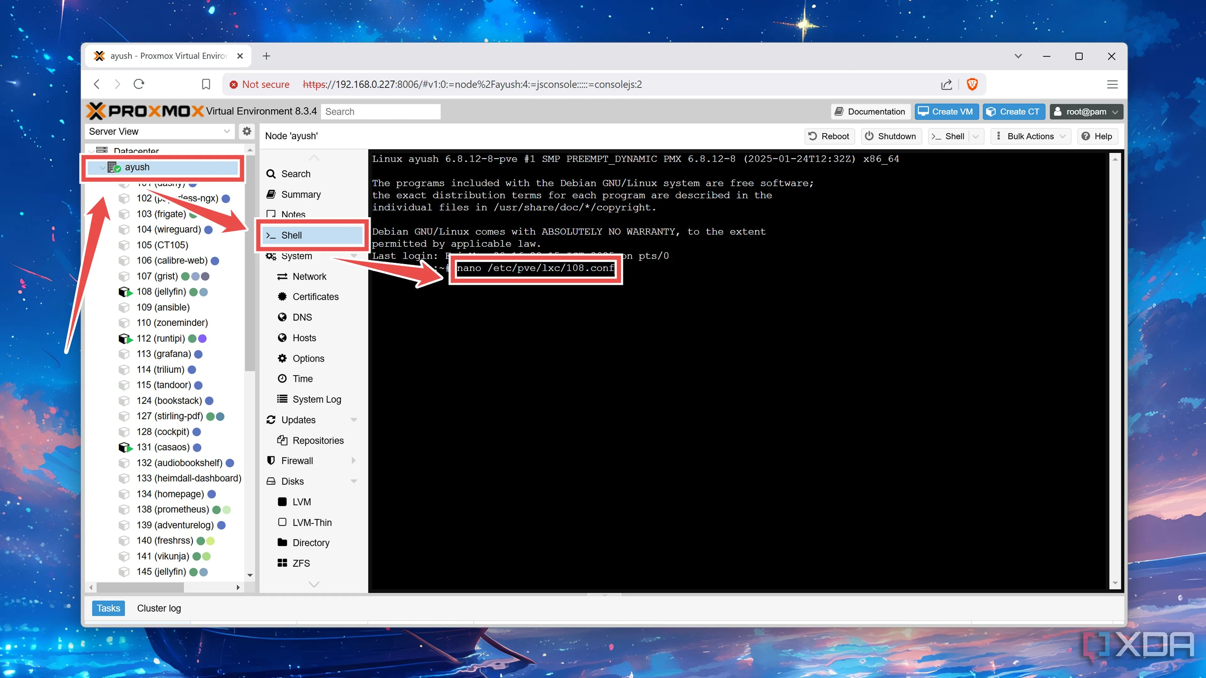 Chỉnh sửa file cấu hình của container Jellyfin LXC bằng trình soạn thảo nano trên Proxmox