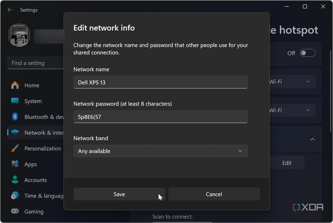 Chỉnh sửa thông tin mạng cho điểm phát sóng di động trên Windows 11