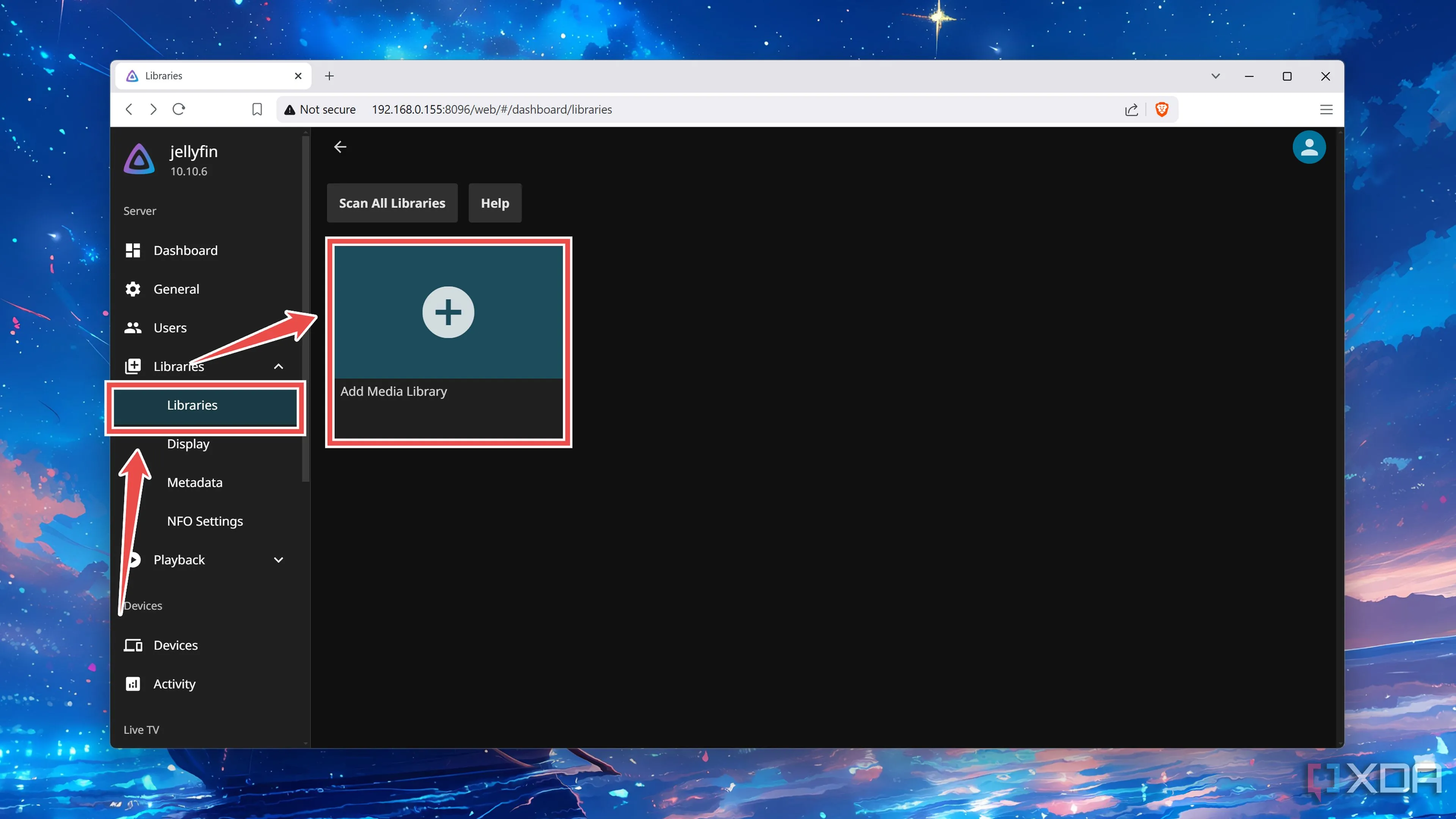 Chọn Add Media Library trong Jellyfin để thêm thư mục chứa phim ảnh, nhạc