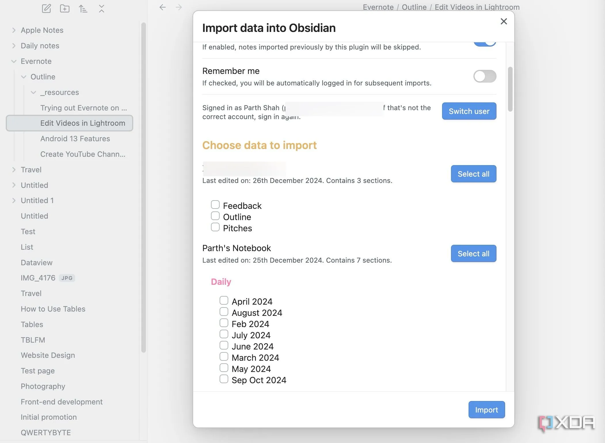 Chọn các sổ tay và phần cụ thể từ OneNote để nhập vào Obsidian