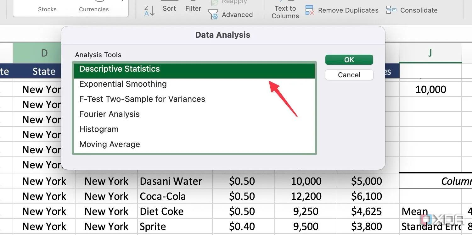 Chọn Descriptive Statistics trong hộp thoại Data Analysis của Excel