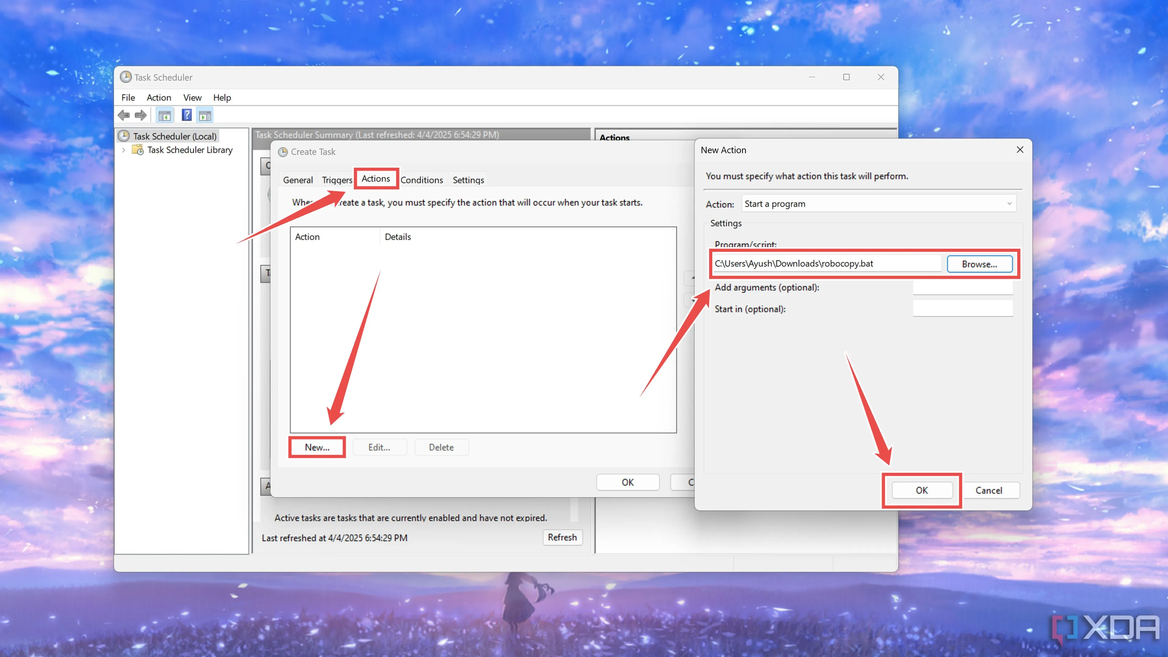 Chọn file script Robocopy .bat làm hành động cho tác vụ tự động