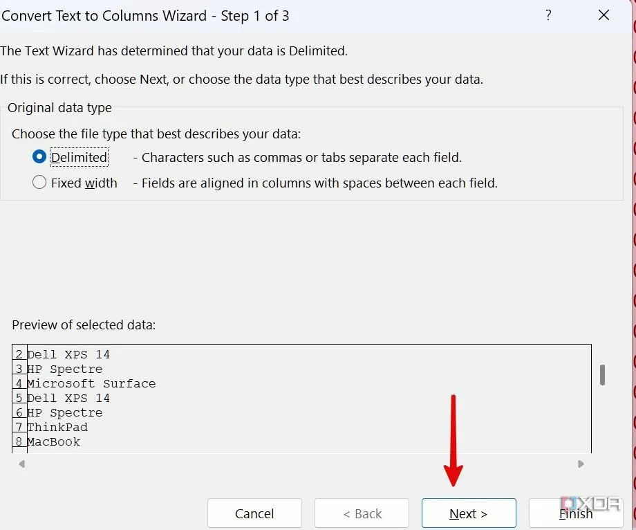 Chọn kiểu tệp dữ liệu phù hợp với nội dung cần tách trong Excel