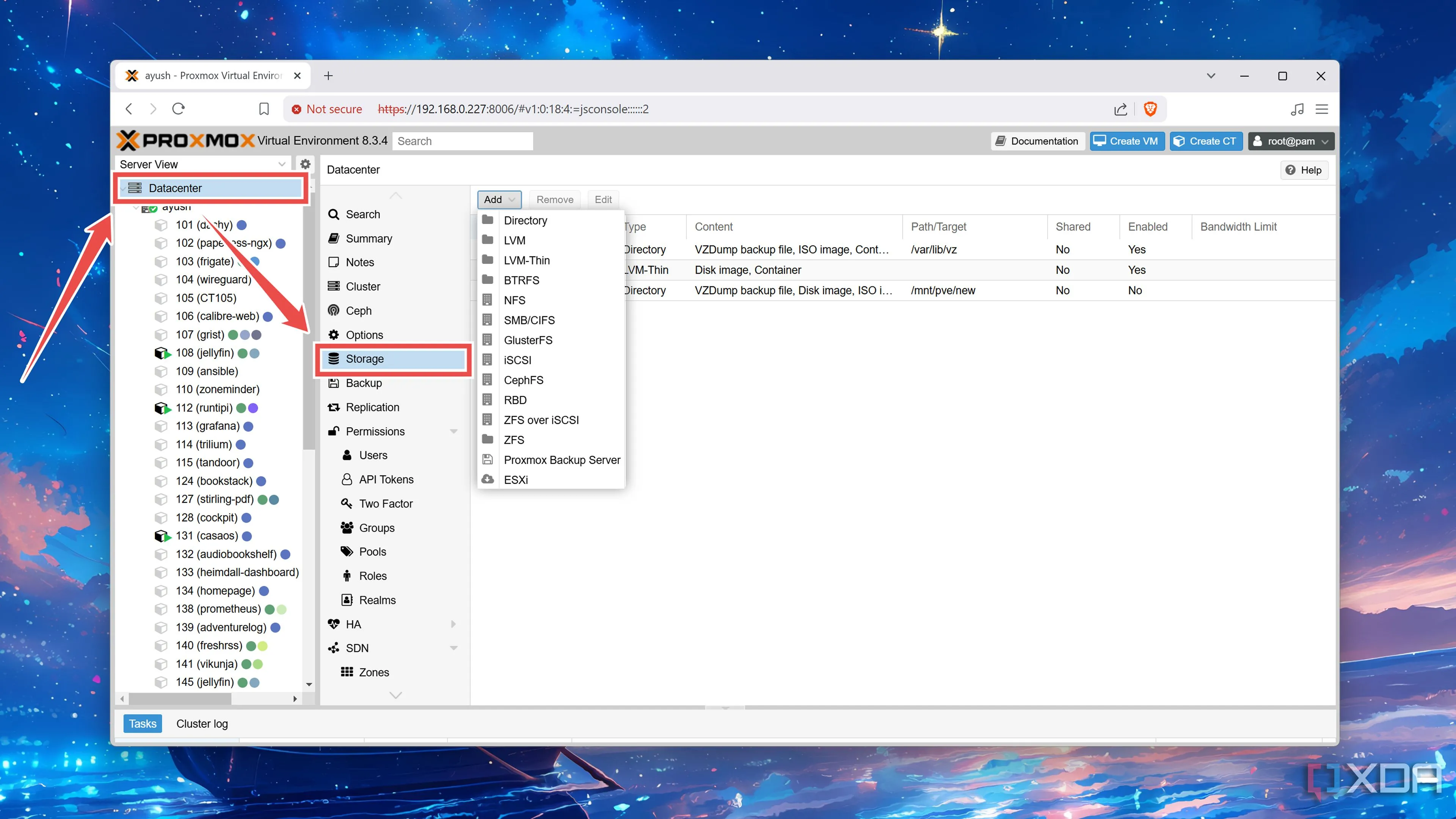 Chọn tab Storage trong giao diện quản lý Proxmox để thêm ổ đĩa mạng