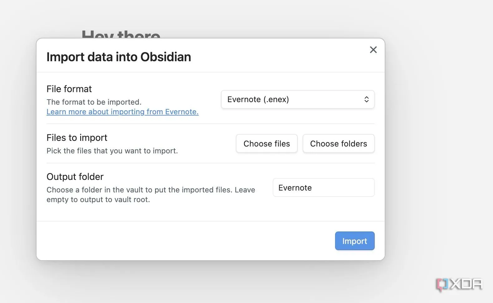 Chọn tệp Evernote (.enex) đã xuất để nhập vào Obsidian