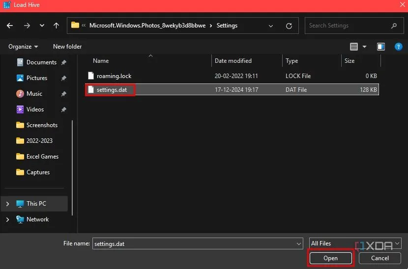 Chọn tệp Settings.dat trong cấu hình ứng dụng Ảnh Windows 11