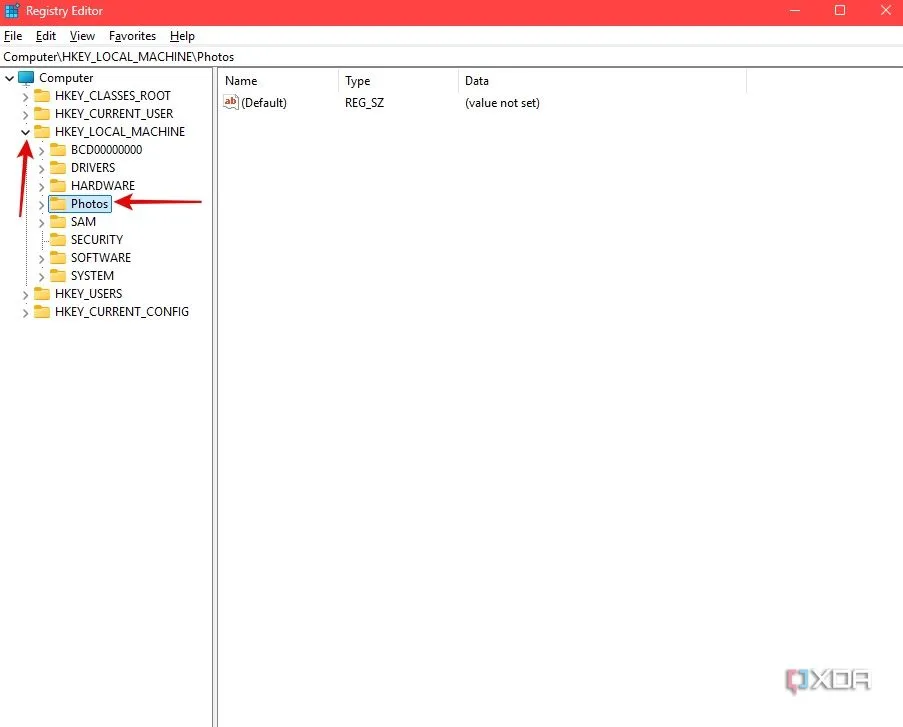 Chọn thư mục Photos trong Registry Editor sau khi tải Hive