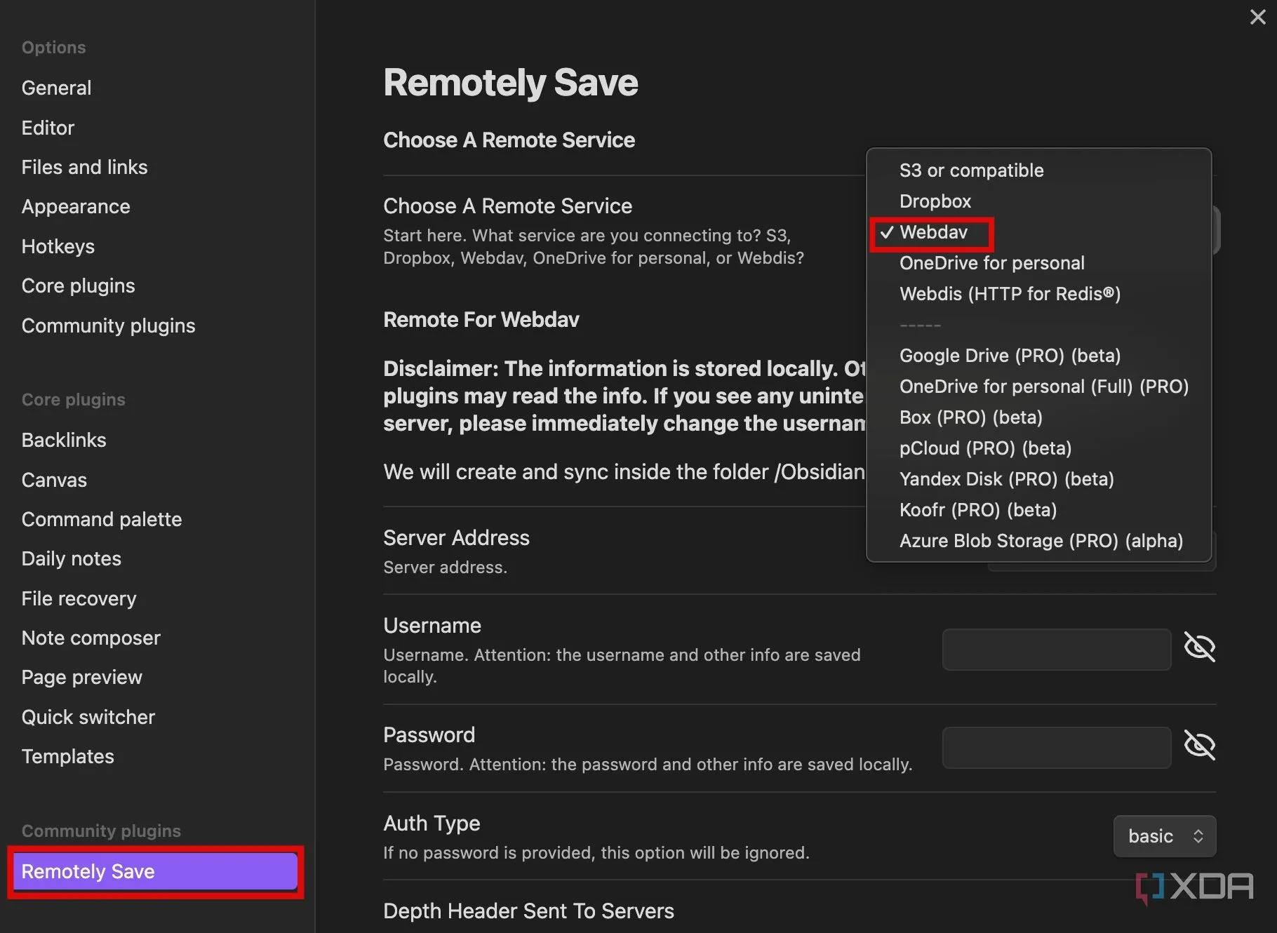 Chọn WebDAV làm dịch vụ đồng bộ trong Remotely Save của Obsidian