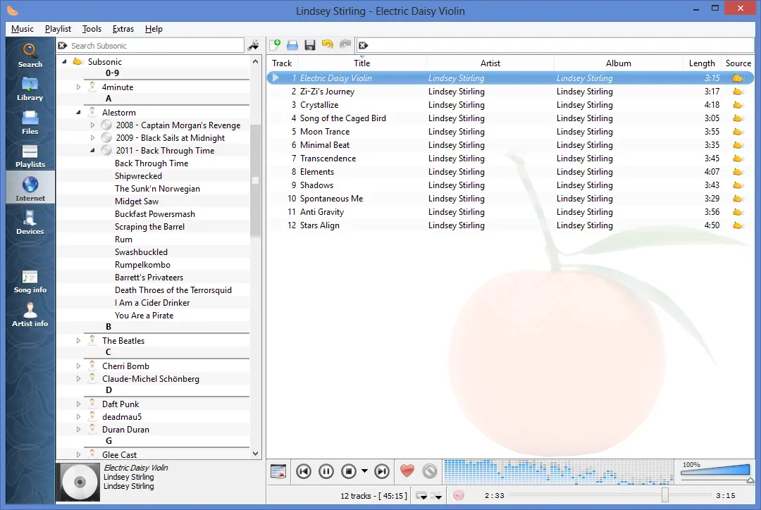 Clementine tích hợp trên desktop, hiển thị thông tin bài hát