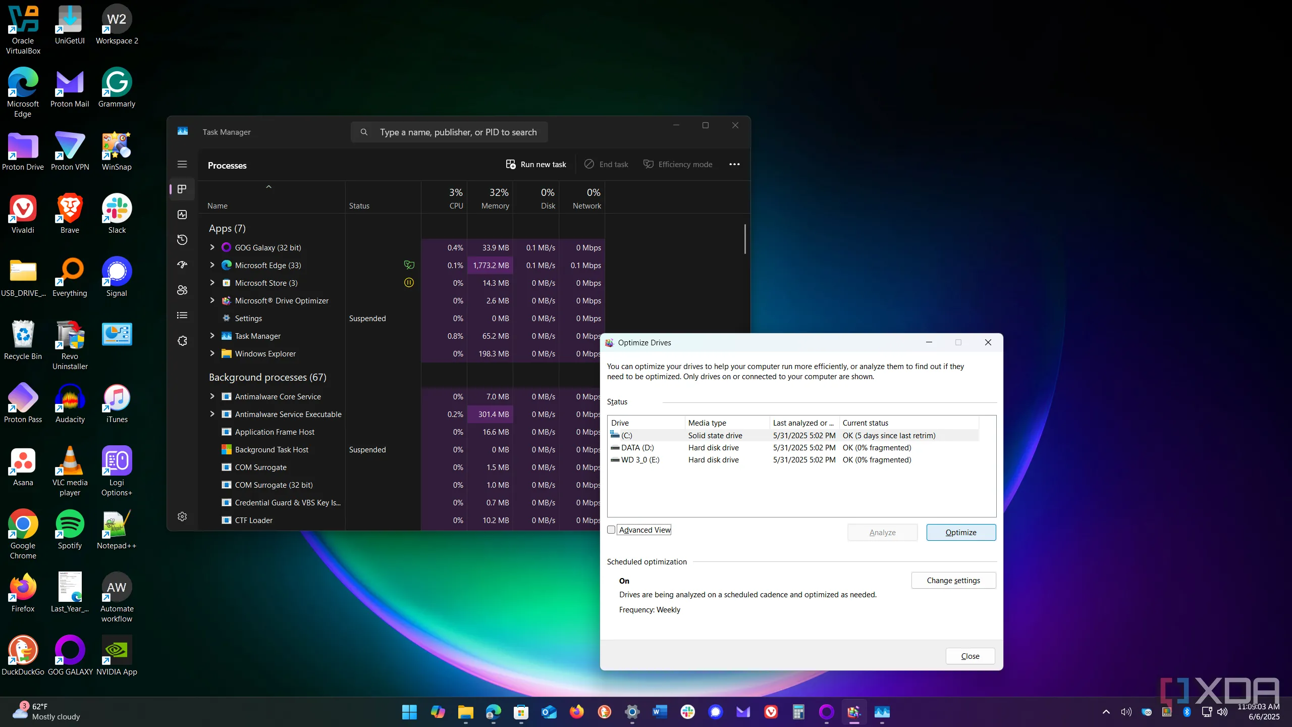 Công cụ chống phân mảnh ổ đĩa trên Windows 11 hiển thị trạng thái các ổ cứng, minh họa cho việc tối ưu hiệu suất ổ đĩa