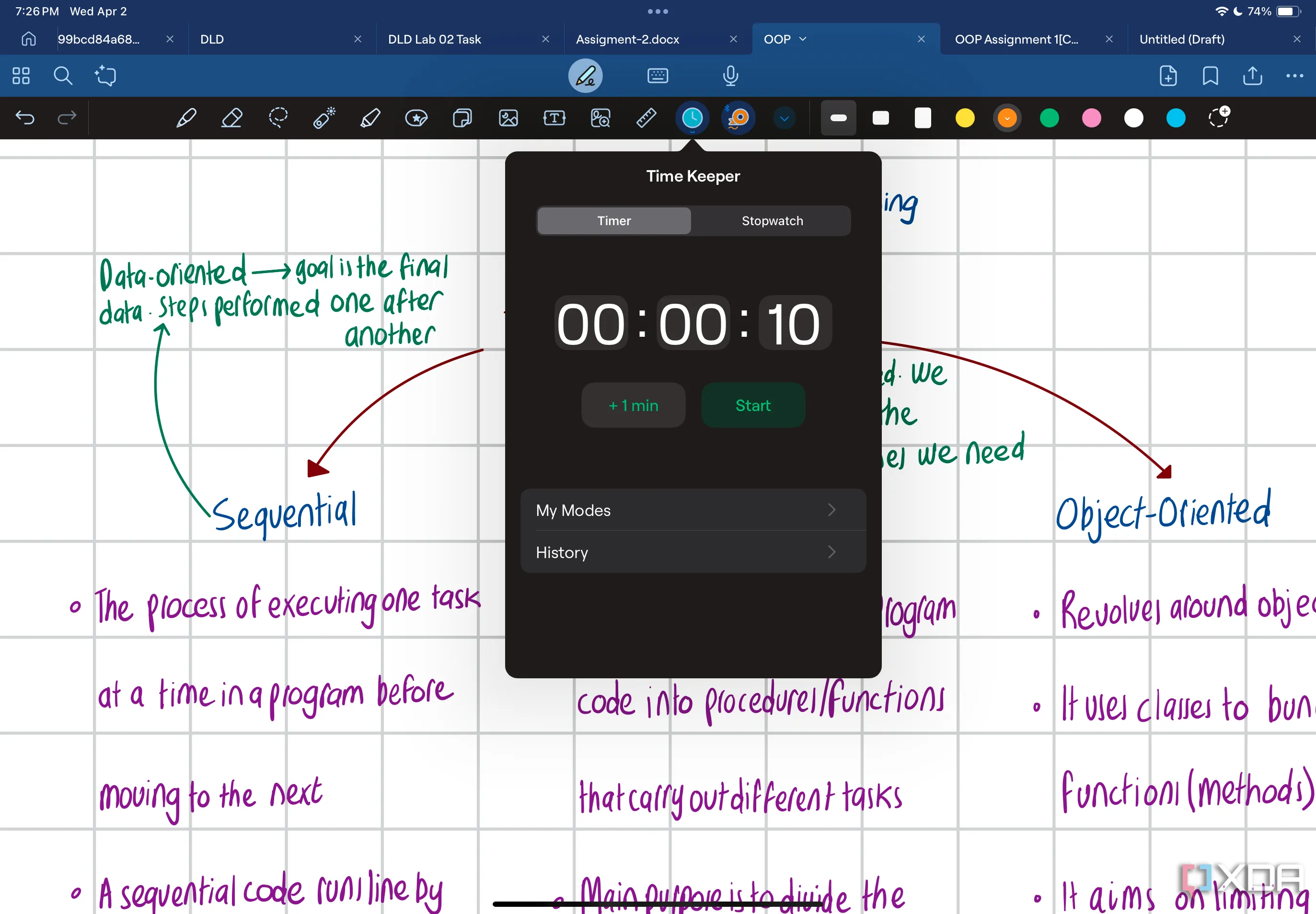 Công cụ Time Keeper trong Goodnotes 6 với bộ hẹn giờ và đồng hồ bấm giờ