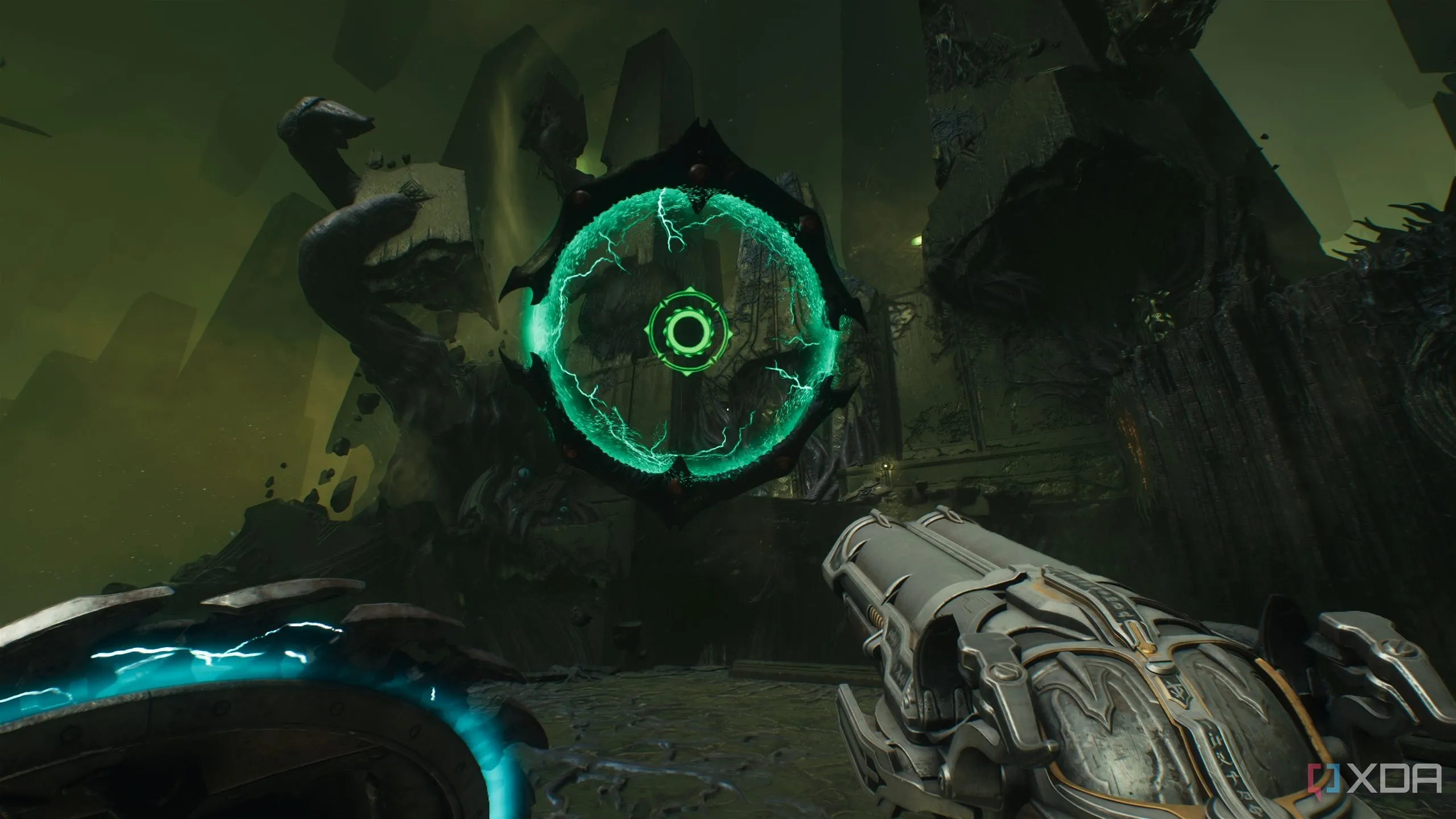 Cổng Shield Portal dẫn đến nền tảng có Mancubus trong Doom The Dark Ages Chapter 15